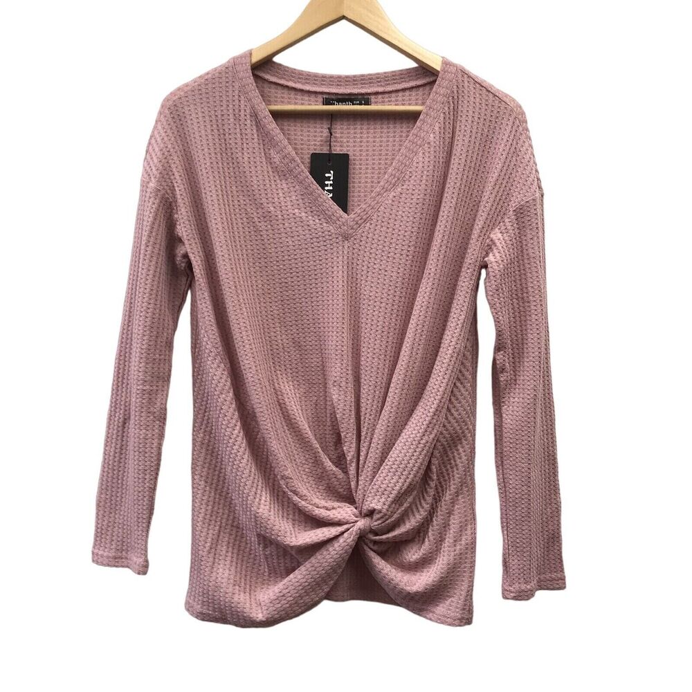 Thanth Top Womens Small Pink Waffle Knit Knotted Hemline